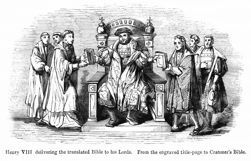 Henry VIII delivering the translated Bible to his Lords