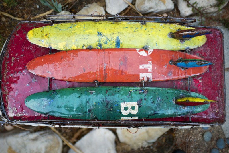 high Angle View of Colorful Miniature Minibus with Three Surfboards