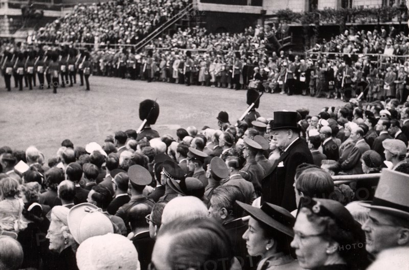 British Prime Minister Winston Churchill amongst crowd during Trooping the Colour ceremony