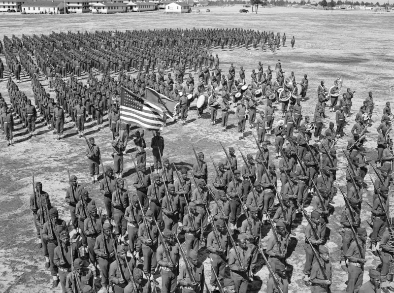 Soldiers of 41st Engineers in formation on Parade Ground with Sergeant Franklin Williams in color guard
