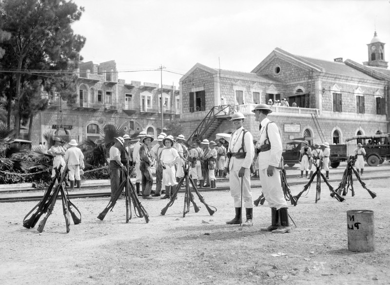 British marines in the Haifa Station yard during 1929 Palestine Riots