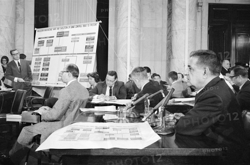 Joseph Valachi of the Genovese crime family  testifying about organized crime before  Permanent Subcommittee on Investigations of the U.S. Senate Committee on Government Operations