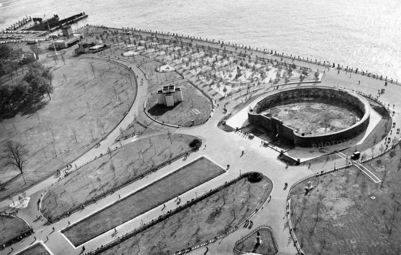 High angle view of Battery Park and shell of the old New York Aquarium at Castle Garden