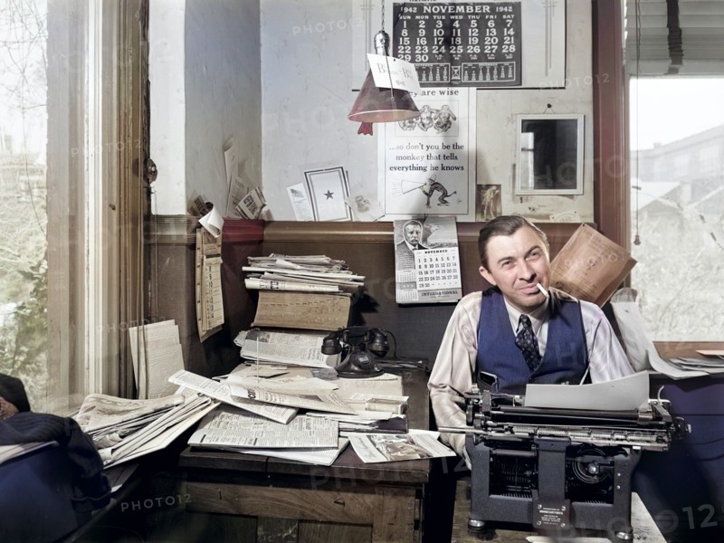 William N. Young, publisher of the Record-Express. Many printers can get better wages in defense work, and paper may fold due to lack of help and national advertising, Lititz, Pennsylvania, USA, Marjory Collins, U.S. Office of War Information, November 1942