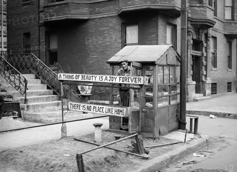 Candy stand with owner, South Side, Chicago, Illinois, USA, Russell Lee, U.S. Farm Security Administration, April 1941