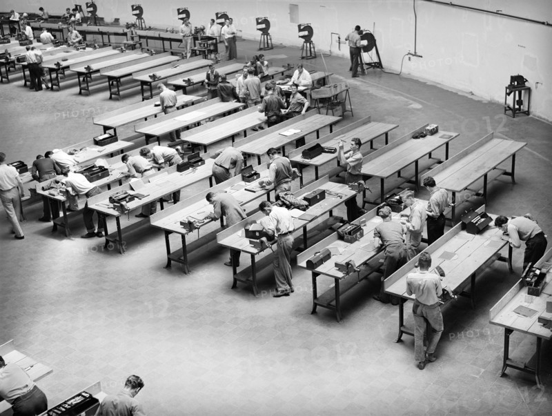 High angle view of workshop at vocational school for aircraft construction workers, San Diego, California, USA, Russell Lee, U.S. Farm Security Administration, May 1941