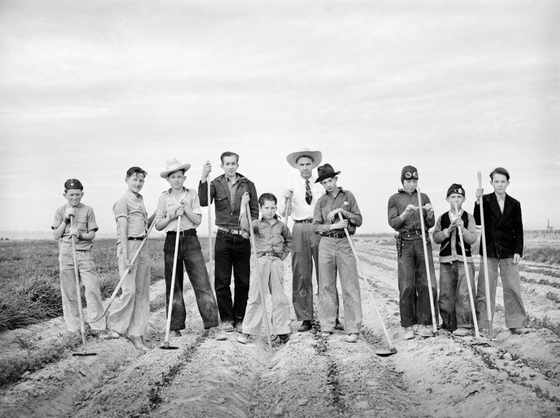 Boys learning to garden in vocational training class provided for in the Smith-Hughes bill, FSA (Farm Security Administration) farm workers' community, Eleven Mile Corner, Arizona, USA, Russell Lee, U.S. Farm Security Administration, February 1942