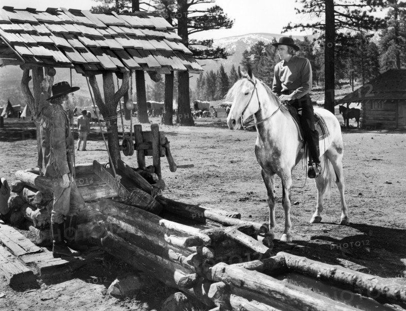 Dean Jagger (right), Arthur Aylesworth (left), on-set of the film, "Brigham Young", 20th Century-Fox, 1940