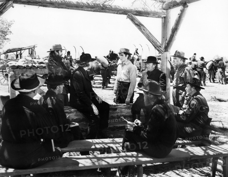John Carradine, Tyrone Power, Dean Jagger, on-set of the film, "Brigham Young", 20th Century-Fox, 1940