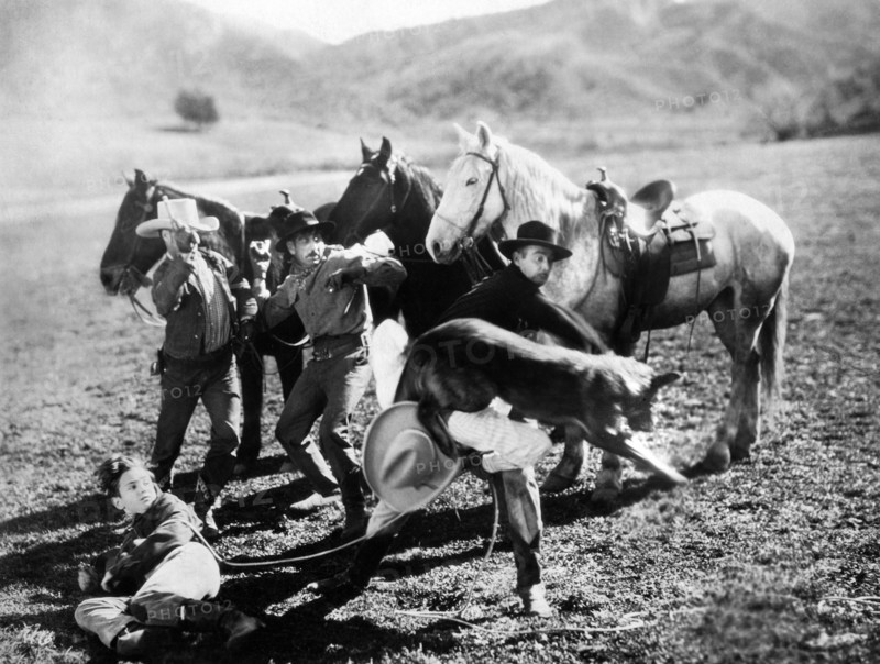 Maurice Murphy (on ground), Edmund Cobb, Dynamite the dog, on-set of the silent film, "The Call Of The Heart", Universal Pictures, 1928