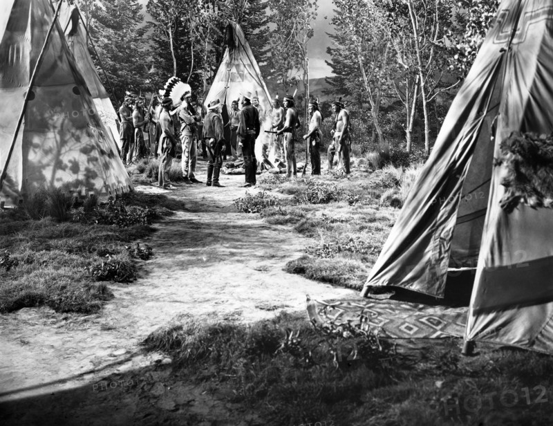 George "Gabby" Hayes, Randolph Scott, on-set of the film, "The Cariboo Trail", 20th Century-Fox, 1950