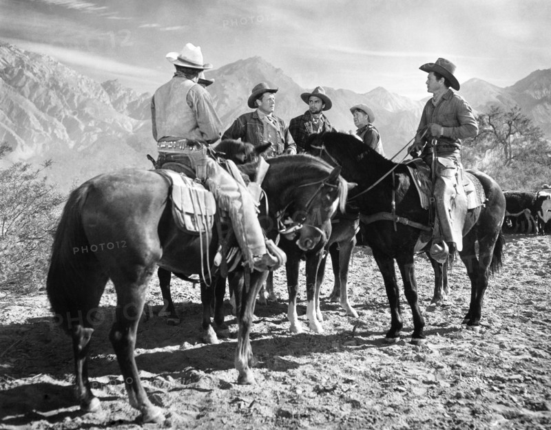 Bob Steele, Joel McCrea, Chill Willis, Howard Petrie, Henry Brandon, on-set of the film, "Cattle Drive", Universal Pictures, 1951