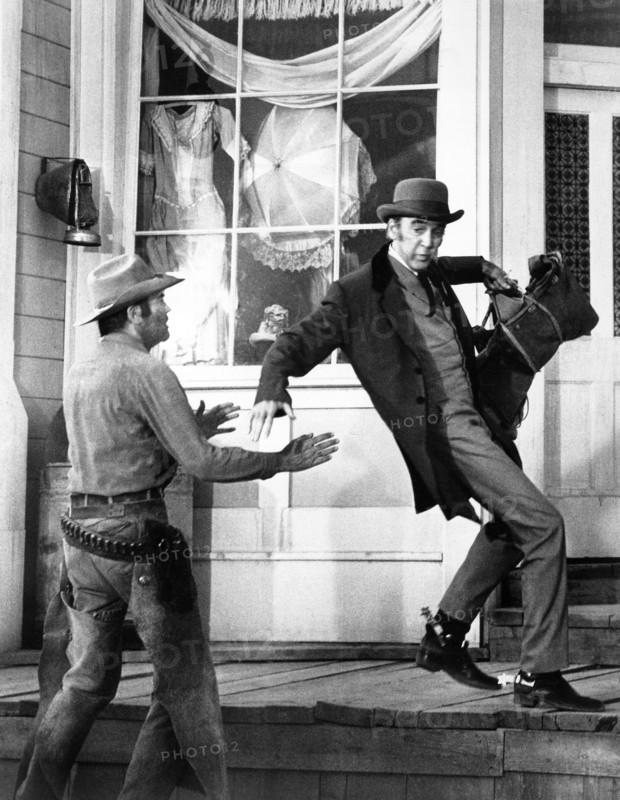 Henry Fonda, James Stewart, on-set of the film, "The Cheyenne Social Club", National General Pictures, 1970