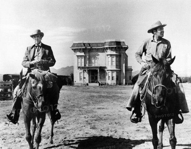 James Stewart, Henry Fonda, on-set of the film, "The Cheyenne Social Club", National General Pictures, 1970