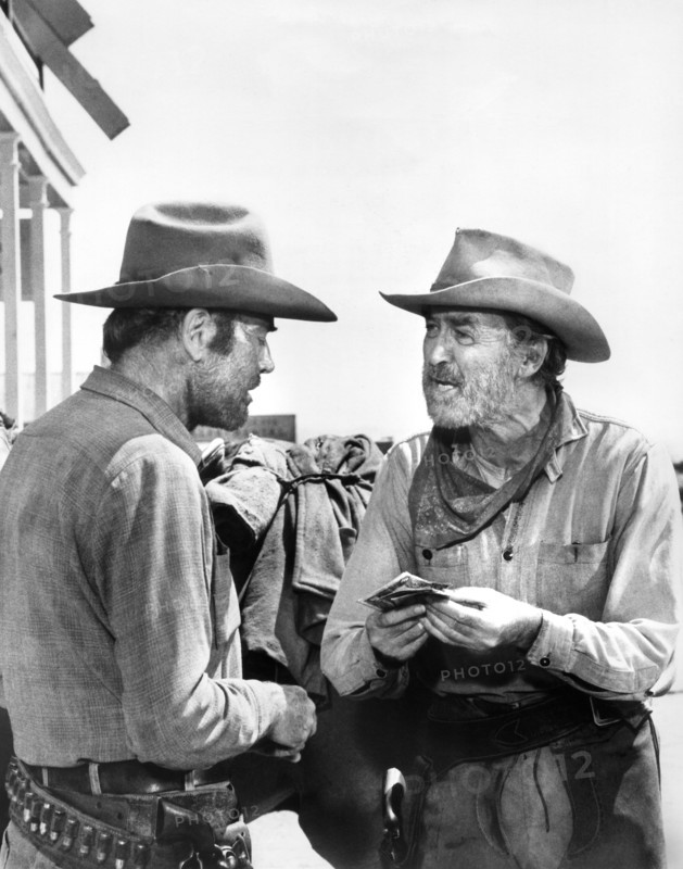 Henry Fonda, James Stewart, on-set of the film, "The Cheyenne Social Club", National General Pictures, 1970