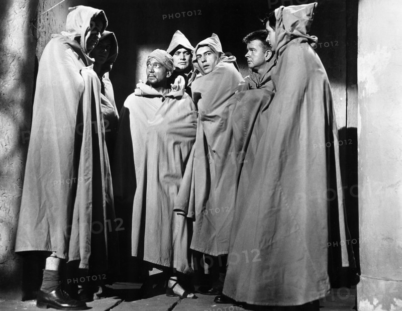 James Dobson, David Janssen, Jack Kelly, Marshall Thompson, Leonard Strong, William Reynolds, Richard Long, on-set of the film, "Cult Of The Cobra", Universal Pictures, 1955