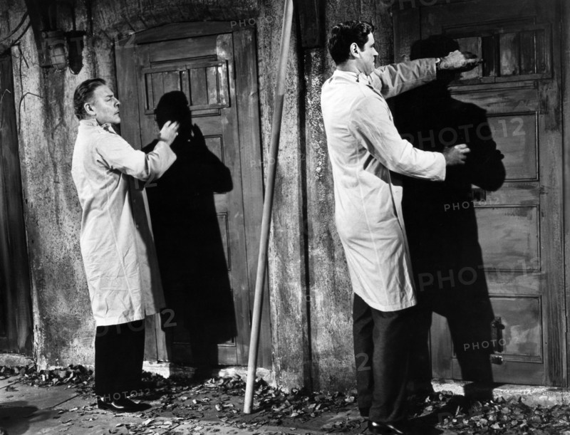 Brian Donlevy, George Baker, on-set of the film, "The Curse Of The Fly", 20th Century-Fox, 1965