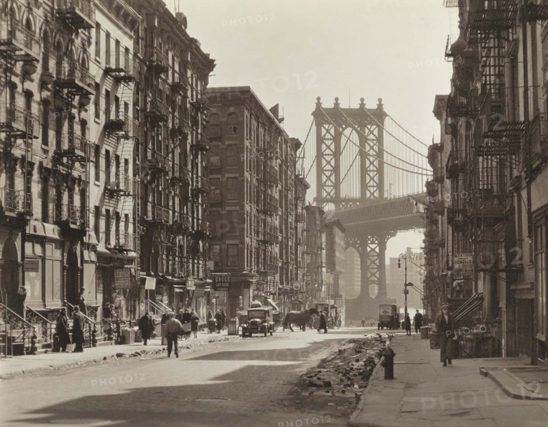 Pike Street at Henry Street looking toward Manhattan Bridge, New York City, New York, USA, Berenice Abbott, Federal Art Project, "Changing New York", March 1936