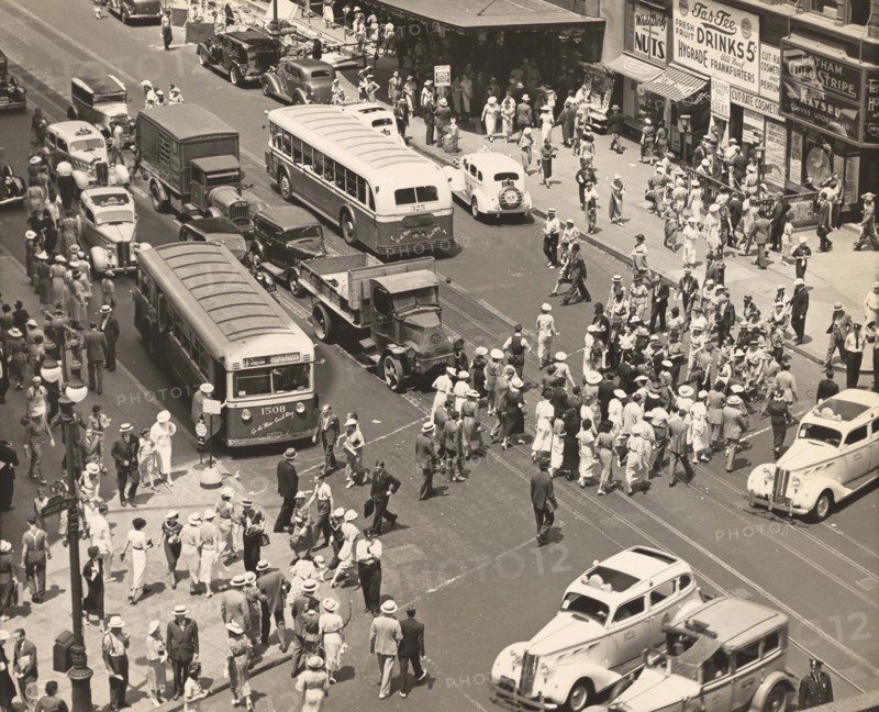 Street scene, Herald Square, 34th Street and Broadway, high angle view, New York City, New York, USA, Berenice Abbott, Federal Art Project, "Changing New York", July 1936