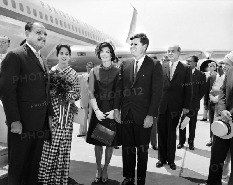 Pakistan President Muhammad Ayub Khan and daughter Begum Ayub Khan with U.S. First Lady Jacqueline Kennedy, U.S. President John F. Kennedy and others upon arrival, Andrews Airforce Base, Maryland, USA, Robert H. McNeill, Robert H. McNeill Family Collection, July 11, 1961