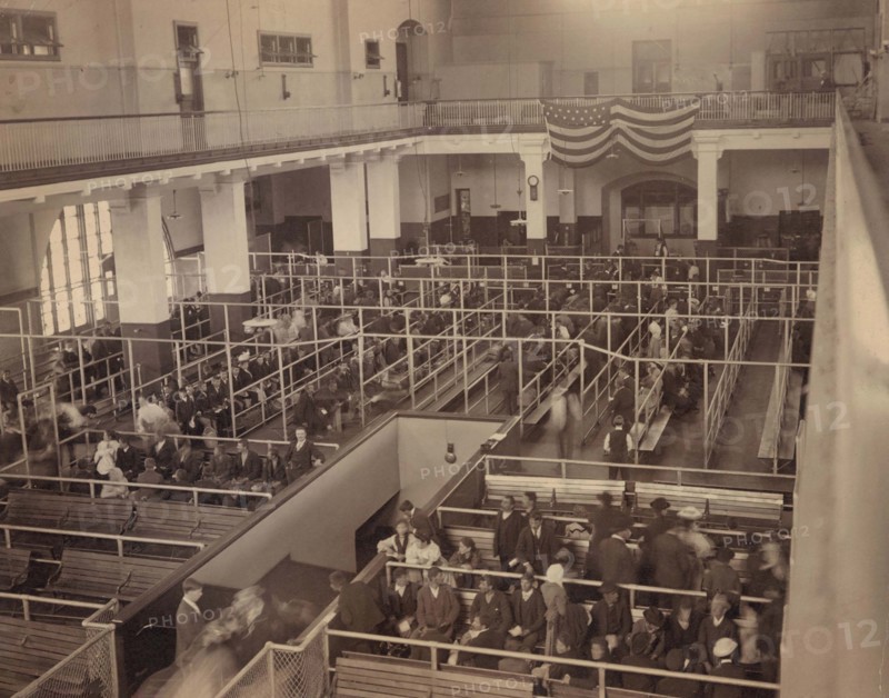 Arriving immigrants waiting to be processed, Ellis Island, New York City, New York, USA, Detroit Publishing Company, 1908