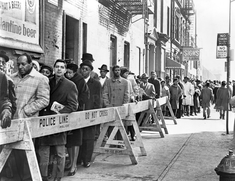 Group of people lined up to pay their respects at the funeral of Malcolm X, Unity Funeral Chapel, Harlem, New York, City, New York, USA, O. Fernandez, New York World-Telegram and the Sun Newspaper Photograph Collection, February 24, 1965