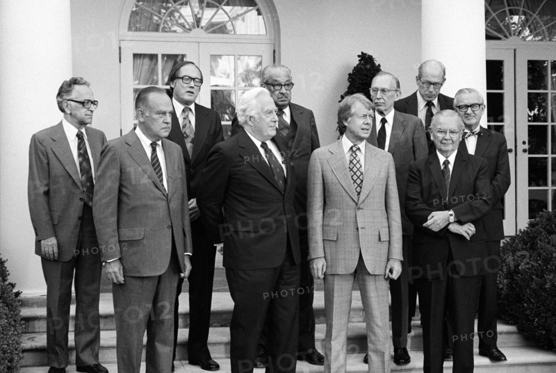 U.S. President Jimmy Carter (front row, 2nd right) with U.S. Supreme Court Justices, Harry Blackmun, Potter Stewart, William Rehnquist, Chief Justice Warren Burger, Thurgood Marshall, Lewis Powell, Byron White, William Brennan, John Paul Stevens, White House, Washington, D.C., USA, Thomas J. O'Halloran, U.S. News & World Report Magazine Photograph Collection, September 1977