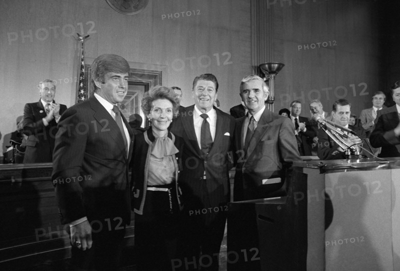 U.S. Congressman Jack Kemp (left), former California governor Ronald Reagan (2nd right) with his wife Nancy at press conference, New York City, New York, USA, Marion S. Trikosko, U.S. News & World Report Magazine Photograph Collection, November 13, 1979