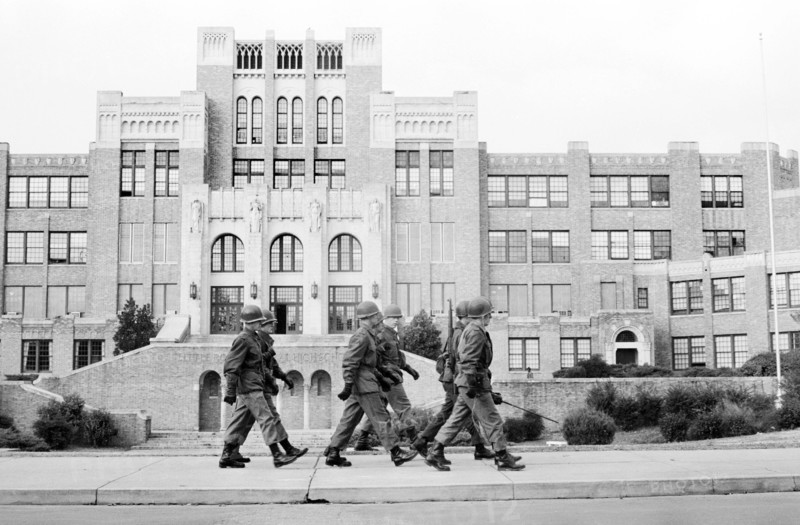 National Guard soldiers walking in front of Central High School, Little Rock, Arkansas, USA, Thomas J. O'Halloran, U.S. News & World Report Magazine Photograph Collection, January 1958