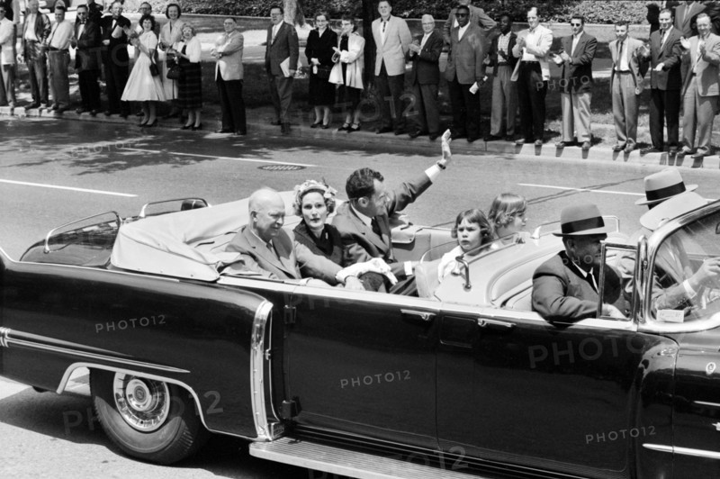U.S. President Dwight Eisenhower riding in convertible car with U.S. Vice President Richard Nixon, his wife Pat Nixon and their two daughters, Tricia and Julie upon their return from South American trip, Washington, D.C., USA, Thomas J. O'Halloran, U.S. News & World Report Magazine Photograph Collection, May 15, 1958