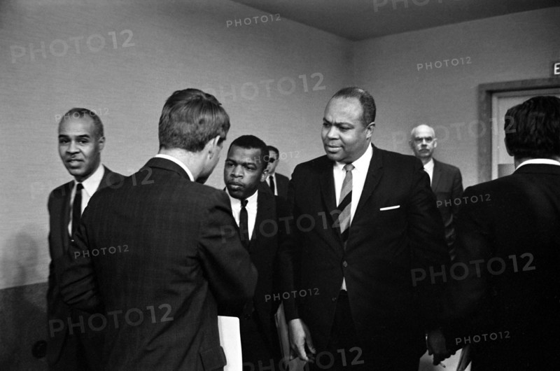 Roy Wilkins, John Lewis shaking hands with Robert F. Kennedy (with his back to the camera), and Whitney Young at the American Society of Newspaper Editors convention, Statler Hilton Hotel, Washington, D.C., USA, Marion K. Trikosko, U.S. News & World Report Magazine Photograph Collection, April 1964,