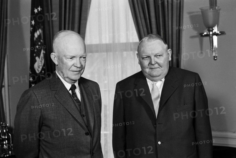 Dr. Ludwig Erhard, Vice Chancellor and Minister of Economics of West Germany, with U.S. President Dwight Eisenhower, White House, Washington, D.C., USA,  Warren K. Leffler, U.S. News & World Report Magazine Photograph Collection, March 24, 1958