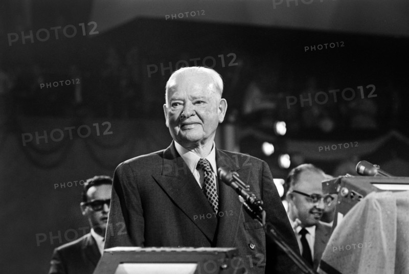 Former U.S. President Herbert Hoover speaking at rostrum during Republican National Convention, Chicago, Illinois, USA, Warren K. Leffler, U.S. News & World Report Magazine Photograph Collection, July 1960