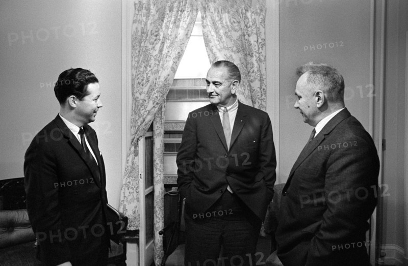 U.S. President Lyndon Johnson (center) with Soviet Premier Alexei Kosygin (right) and Kosygin's interpreter Mr. Sukhodrev, Glassboro Summit Conference, Glassboro State College, Glassboro, New Jersey, USA, Yoichi Okamoto, June 23, 1967