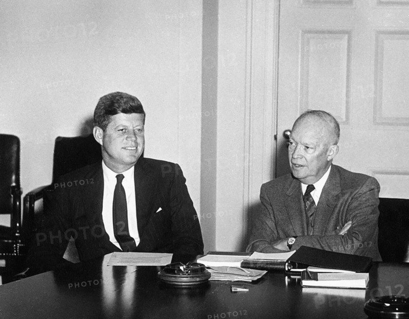 U.S. President-Elect John Kennedy and U.S. President Dwight Eisenhower during meeting in Cabinet Room, White House, Washington, D.C., USA, Abbie Rowe, White House Photographs, January 19, 1961