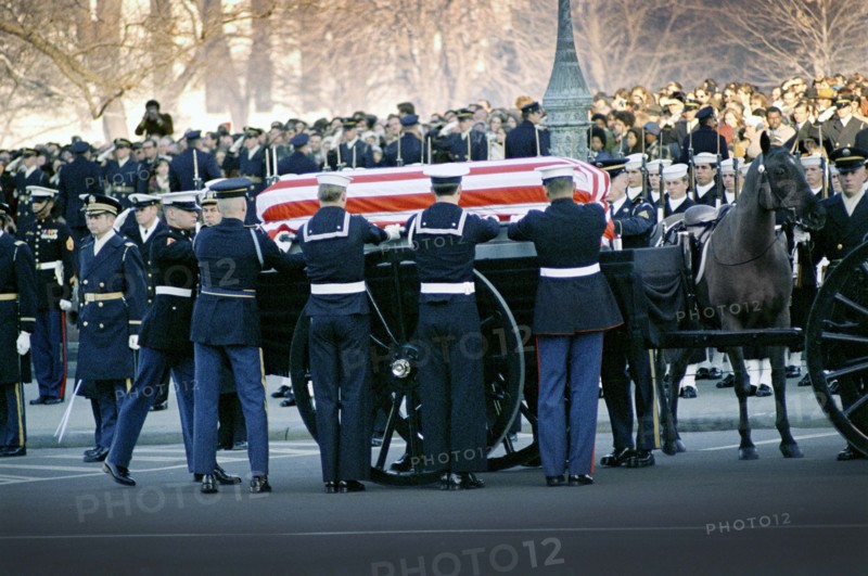 Funeral Procession of former U.S. President Lyndon Johnson, Caisson, Military Attendants, Riderless Horse, Washington, D.C., USA, Frank Wolfe, January 24, 1973