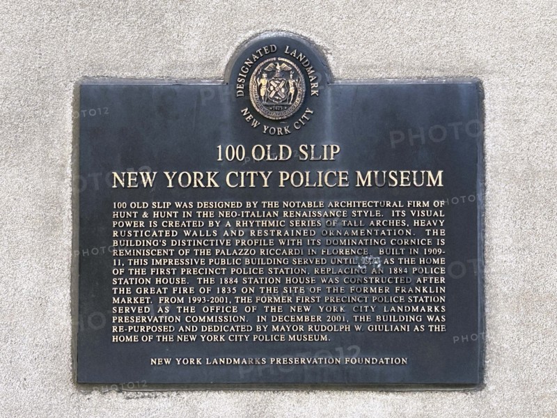 New York City Police Museum, building exterior plaque, 100 Old Slip, New York City, New York, USA