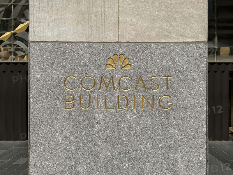 Comcast Building with NBC peacock logo etched in granite on building exterior, New York City, New York City, USA