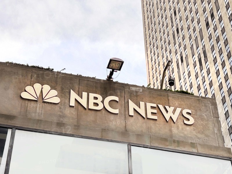 NBC News and peacock logo, building exterior, low angle view, Rockefeller Center, New York City, New York, USA