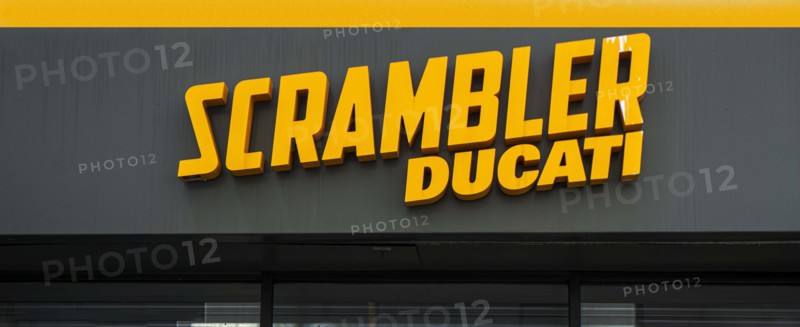 Ducati Scrambler sign, Ducati New York showroom, Spring Street, New York City, New York, USA