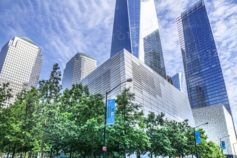 National September 11 Memorial Museum, Brookfield Place, One World Trade Center, Perelman Performing Arts Center, 7 World Trade Center, low angle view of building exterior, World Trade Center, New York City, New York, USA