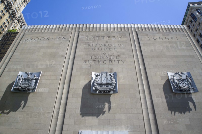 Brooklyn Battery Tunnel, low angle view of granite-faced monumental ventilation building, New York City, New York, USA