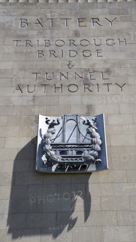 Brooklyn Battery Tunnel, low angle view of granite-faced monumental ventilation building, close-up architectural detail, New York City, New York, USA