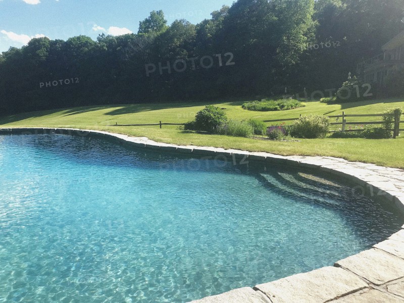 Swimming pool surrounded by scenic landscape and gardens