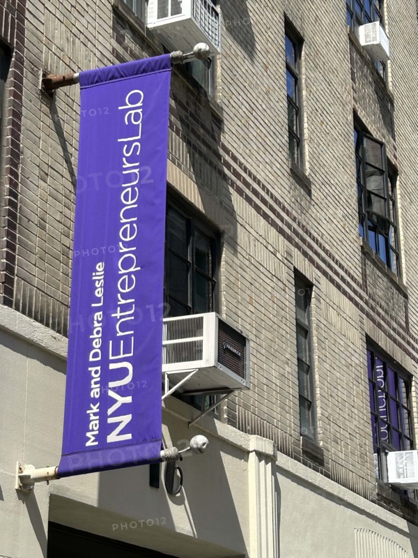 Mark and Debra Leslie NYU Entrepreneurs Lab, New York University, building exterior and banner, Greenwich Village, New York City, New York, USA