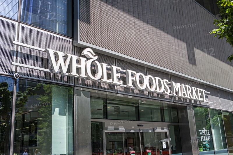 Whole Foods Market, store sign and building entrance, Hudson Yards, New York City, New York, USA