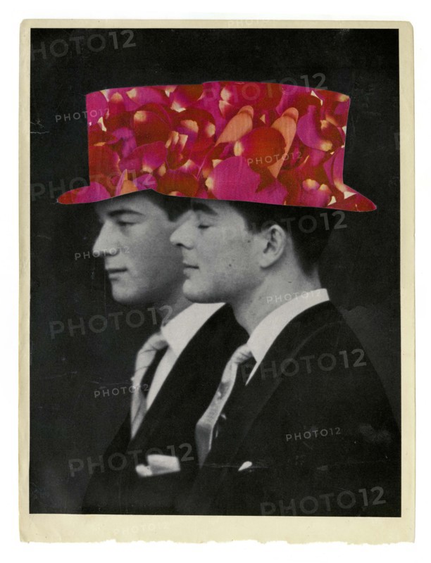 Two vintage men wearing rose petal top hats