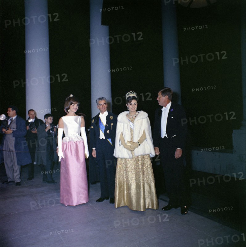 U.S. First Lady Jacqueline Kennedy, Mohammad Reza Pahlavi, Shah of Iran with his wife Empress Farah Pahlavi and U.S. President, John F. Kennedy, group portrait upon the Shah's arrival at White House for dinner in their honor, Washington, D.C., USA, Robert Knudsen, White House Photographs, April 11, 1962