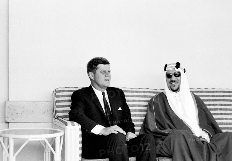 U.S. President John F. Kennedy visiting Saud bin Abdul-Aziz Al Saud, King of Saudi Arabia at the residence of Jean Flagler Gonzalez, where King Saud stayed following surgery, Palm Beach, Florida, USA, Cecil Stoughton, White House Photographs, January 27, 1962