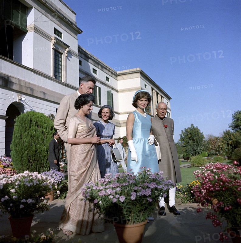 Indira Gandhi, daughter of the Prime Minister, U.S. Ambassador to India, John Kenneth Galbraith, Kitty Galbraith, U.S. First Lady Jacqueline Kennedy and Prime Minister Jawaharlal Nehru during Mrs. Kennedy's visit to the Prime Minister's residence, residence, Teen Murti Bhavan, New Delhi, Delhi, India, Cecil Stoughton, White House Photographs, March 13, 1962